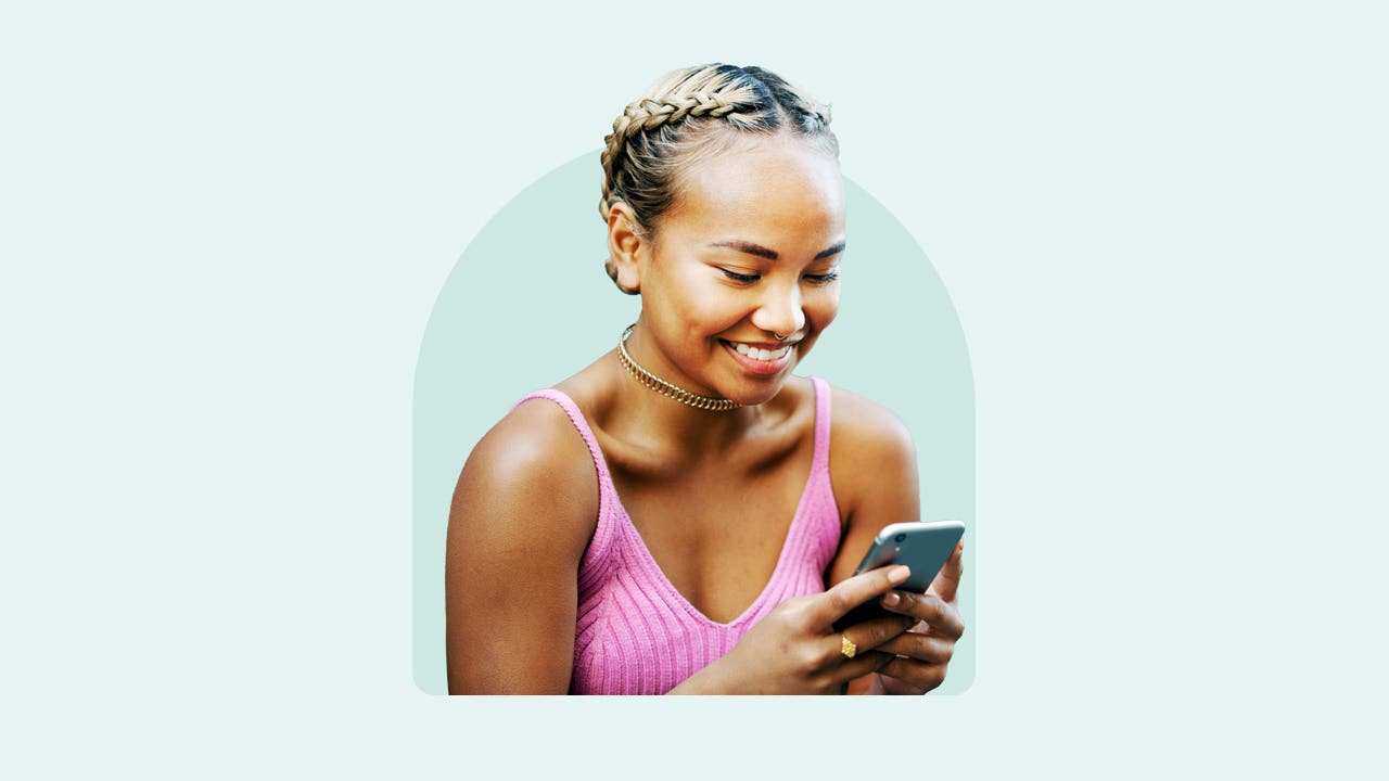 Design element with person holding cell phone an smiling.