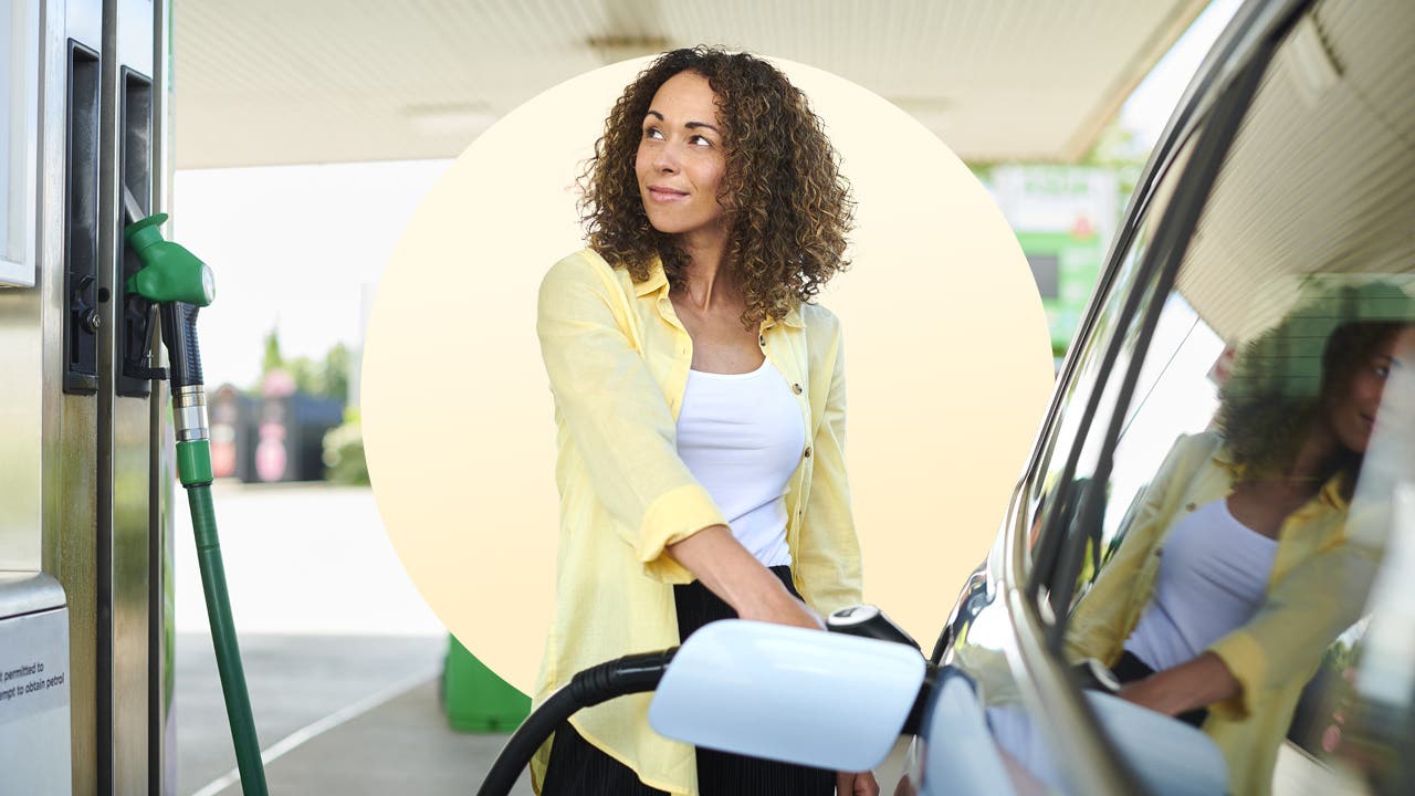 Woman filling a car's gas tank on a yellow circle background.