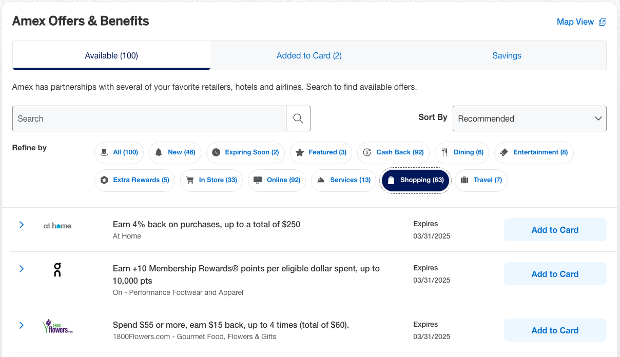 Screenshot of Amex Offers